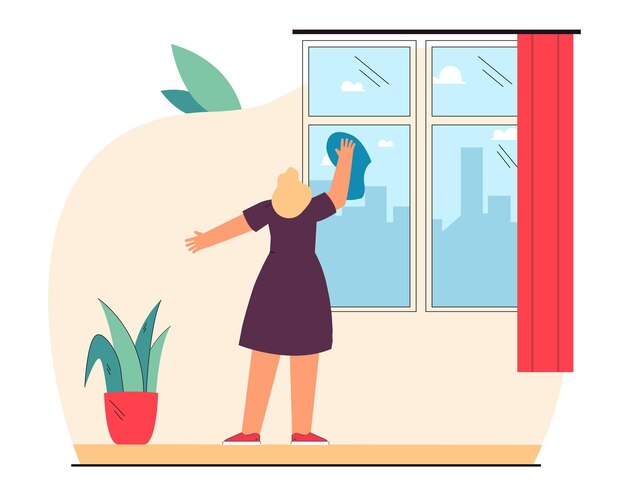 Young woman cleaning window in home room. Girl wiping dust with cloth flat vector illustration. Household chores, cleaning service, cleanliness concept for banner, website design or landing web page