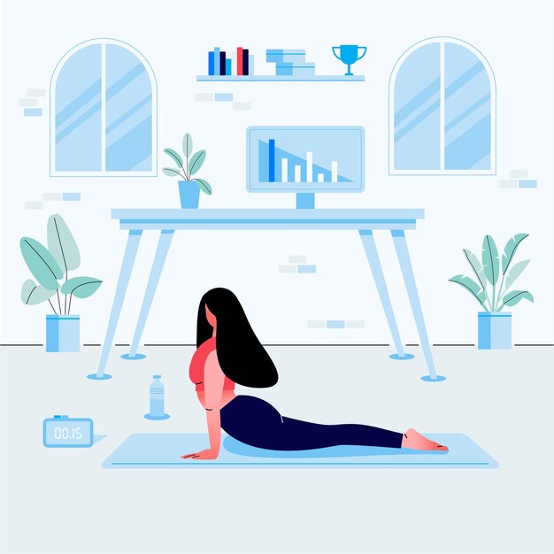 Young woman doing yoga exercise in home workplace