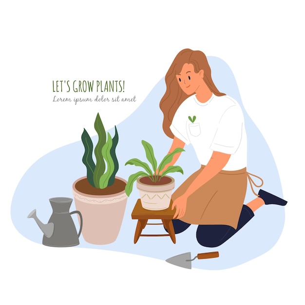 Free Vector young woman gardener planting herbs cartoon character.