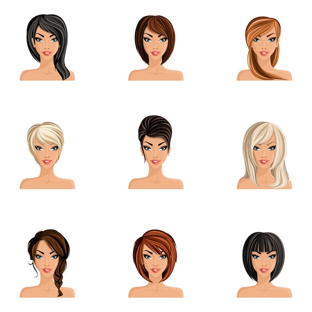 Free Vector young woman girl avatars set with haircut styles isolated vector illustration