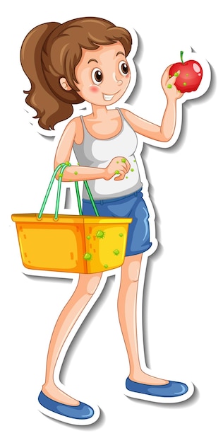 Young woman holding shopping basket with bacteria