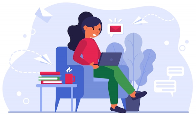 Young woman at home office flat vector illustration