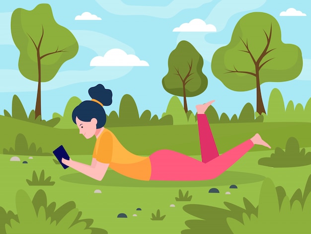 Free vector young woman lying on meadow with smartphone