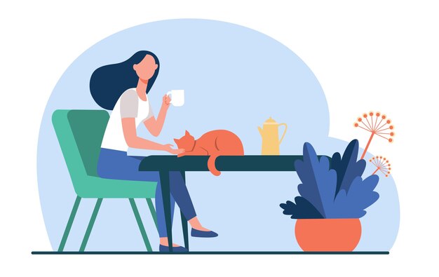 Young woman patting red cat while drinking tea. Coffee break, morning, pet flat vector illustration. Cozy home, hot drink, autumn concept 