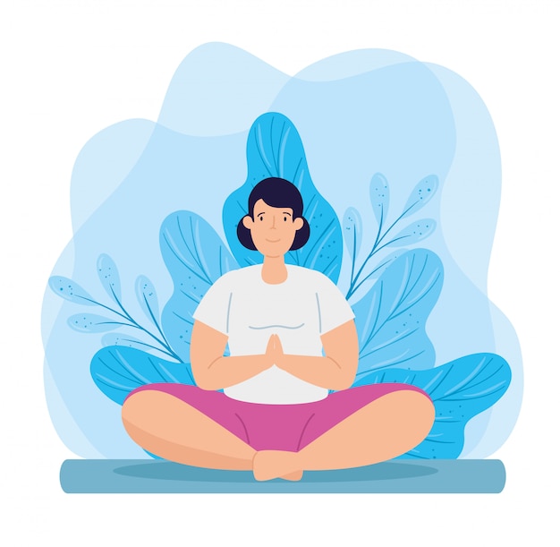 young woman practicing yoga with leafs decoration illustration design