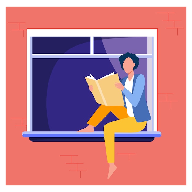 Free Vector young woman reading book on windowsill. girl enjoying novel, student doing home task flat vector illustration. knowledge, literature, reader