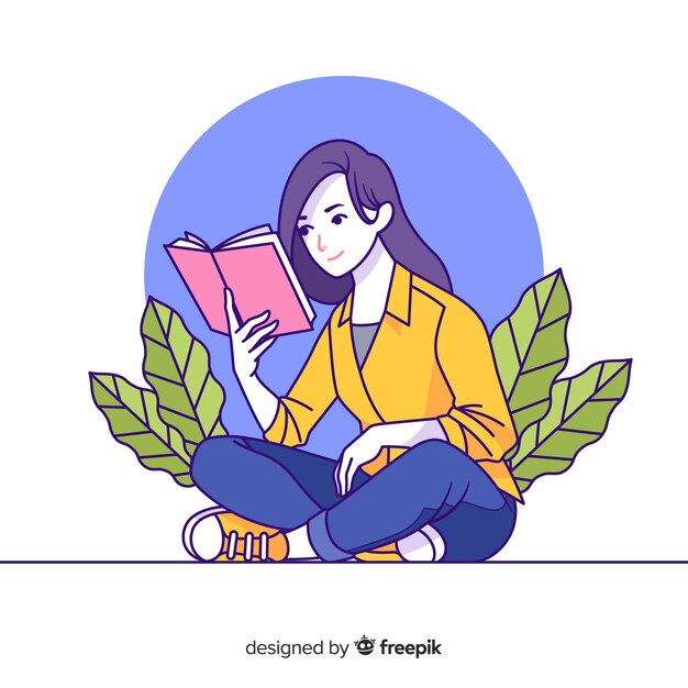 Young woman reading in korean drawing style