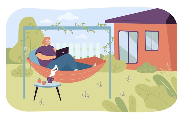 Free Vector young woman relaxing in hammock in backyard. flat vector illustration