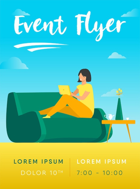 Free Vector young woman relaxing at sofa with laptop flyer template