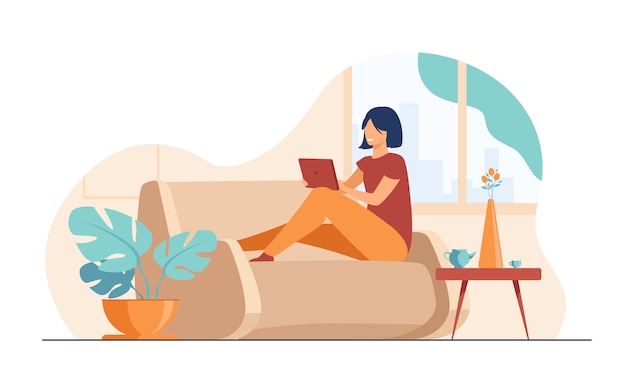 Free Vector young woman relaxing at sofa with laptop