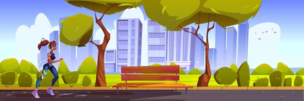 Free Vector young woman run in city park at beautiful morning cityscape view with trees and bench. runner girl in headphones healthy lifestyle, outdoor fitness and jogging activity, cartoon vector illustration