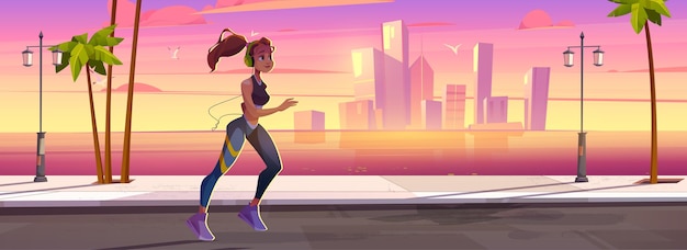 Free Vector young woman run on street on sea beach at sunset