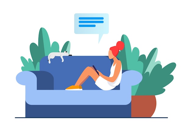 Free Vector young woman sitting on sofa with cat and mobile device. girl, chatting, smartphone flat vector illustration. home and relaxation