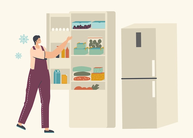 Young Woman Stand near Open Refrigerator with Packages of Frozen Vegetables and Containers with Iced Berries