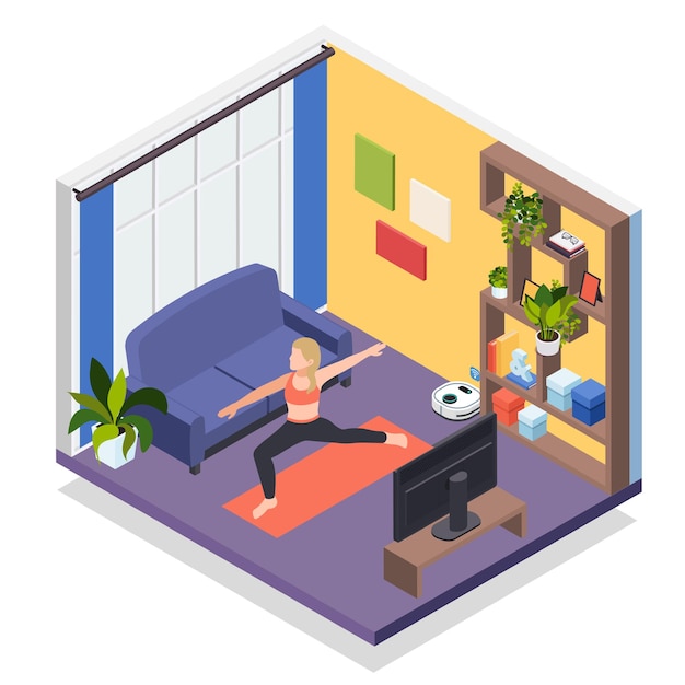 Free Vector young woman staying home isometric yoga workout illustration