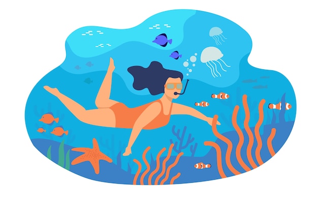 Free Vector young woman swimming with mask underwater isolated flat vector illustration. cartoon character diving in ocean with colorful fishes.