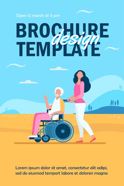 Young woman wheeling wheelchair with senior man flyer template