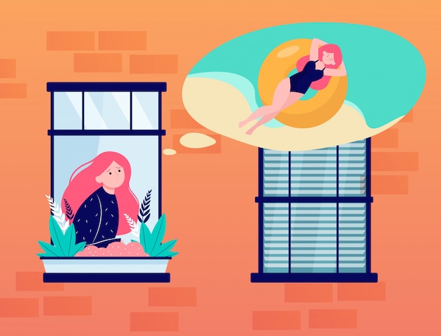 Free Vector young woman in window dreaming about sea