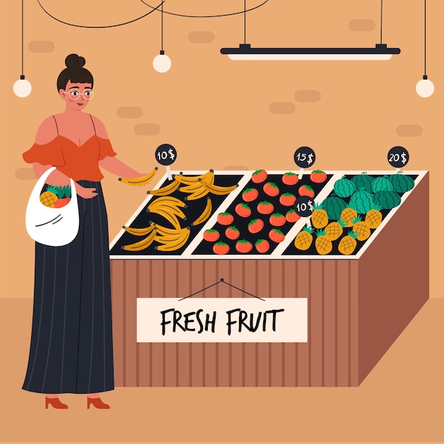 Free vector young woman with shopping basket buying food at grocery store