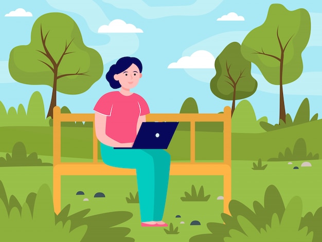 Free Vector young woman working with laptop in park