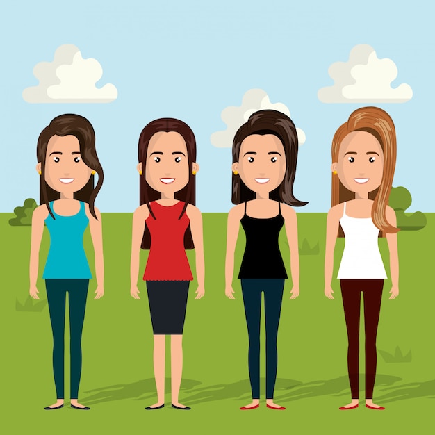 Free Vector young women characters scene