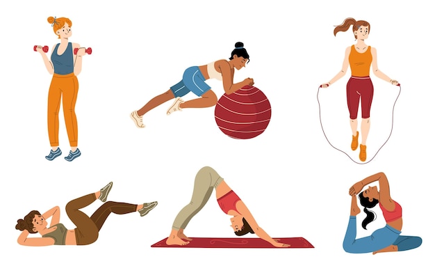 Young women exercising flat illustration set