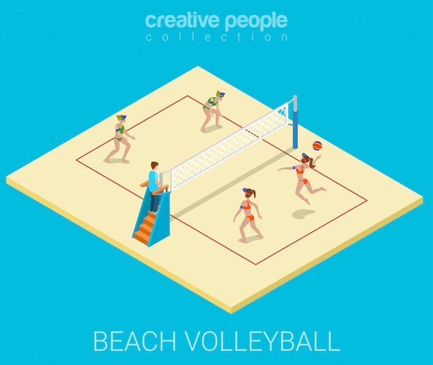 Free Vector young women play beach volleyball flat isometric illustration.