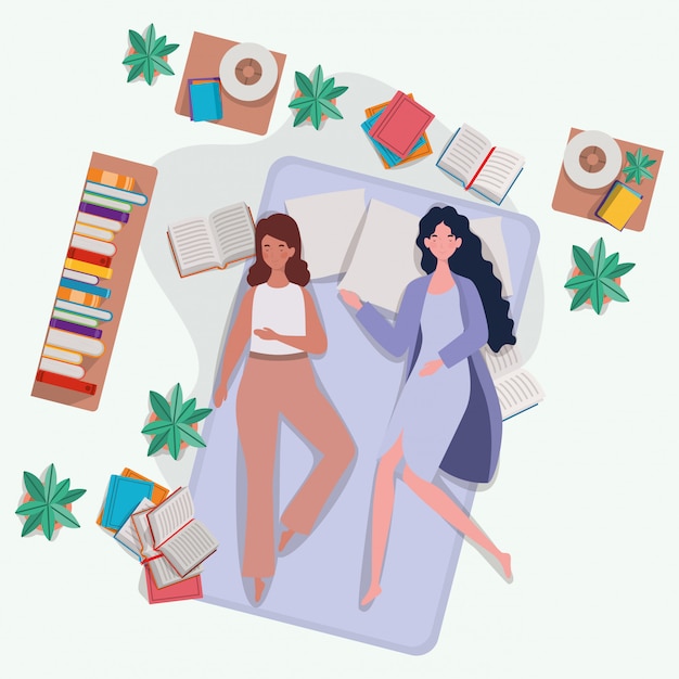 Young women relaxing in mattress in the bedroom