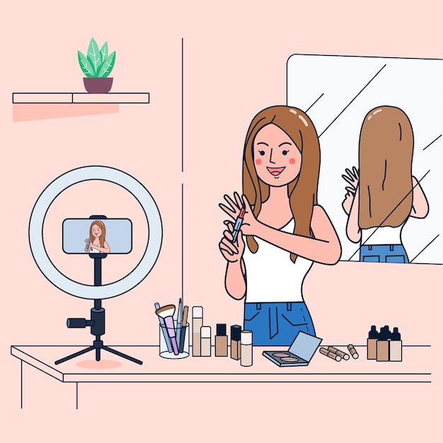 Young women sell cosmetics through social media channels for extra income. Using a camera to stream video. flat illustration  desig