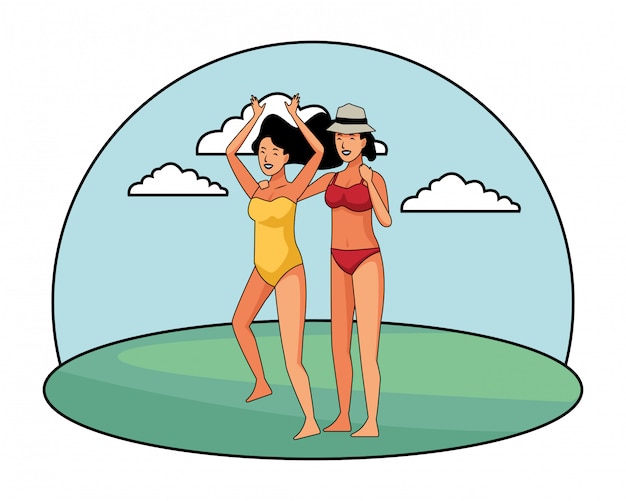 Free Vector young women in summer cartoons