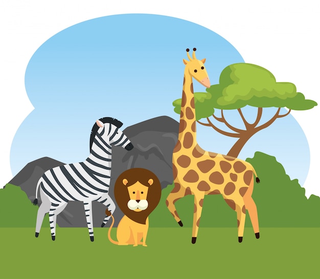 Zebra with lion and giraffe wild animals