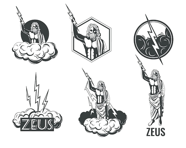 Free vector zeus greek olympian god with lightnings black and white emblems set isolated on white background vector illustration