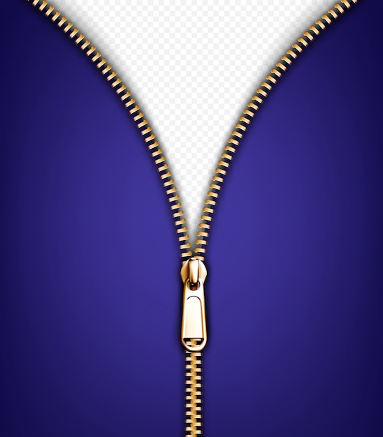 Free vector zip fastener, open gold metal zipper with puller on purple fabric. unzip clothing hardware, apparel accessory, lock for garment isolated on transparent background, realistic 3d illustration