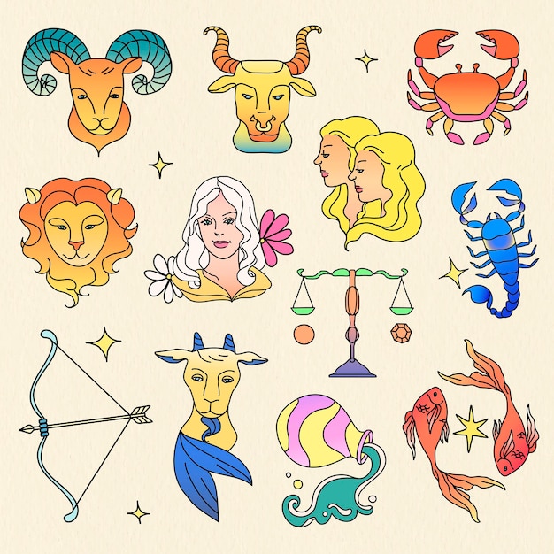 Free vector zodiac signs, colorful doodle art collage element collection vector