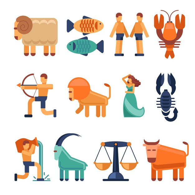 Zodiac signs in flat style. Astrological icons cancer and libra, aquarius and taurus.   illustration