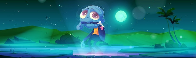 Free Vector zombie halloween character rise from the grave cartoon eerie personage dead monster with blue skin torn dirty clothes eating own hand at midnight landscape creepy game scene vector illustration