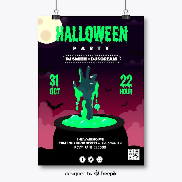 Free vector zombie hand in melting pot halloween party poster