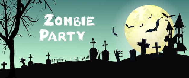 Free vector zombie party lettering with graveyard, bats and moon