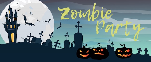 Zombie Party lettering with graveyard, castle and pumpkins