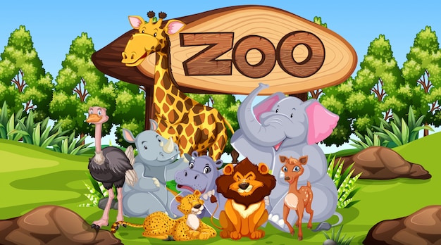 Zoo animals in the wild nature background