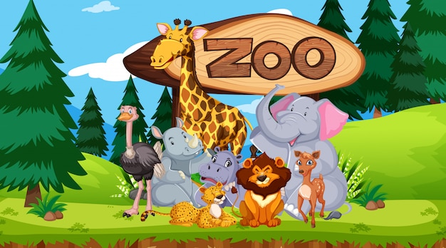 Zoo animals in the wild nature background