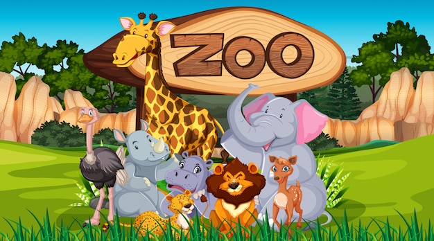 Zoo animals in the wild nature background