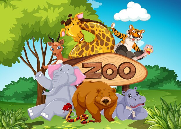 Zoo animals in the wild nature background