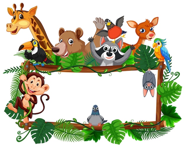 Free vector zoo animals on wooden frame with tropical plants