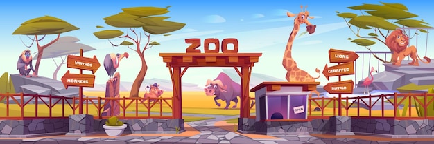 Free vector zoo park with african animals trees fence