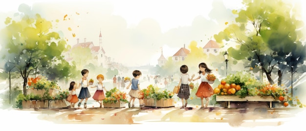 006 Childrens cartoon characters buying and selling vegetables and fruits Watercolor style Generative AI