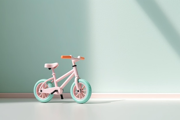 0283 Bicycle toy in front of light pastel wall Generative AI