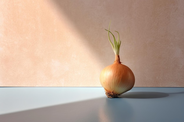 0439 Onion in front of light pastel wall Generative AI