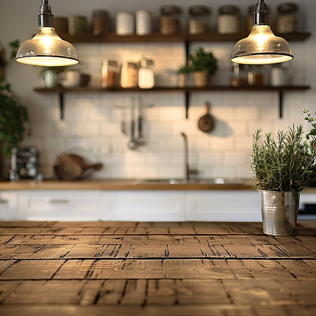 07231101 14 Wooden table in foreground blurred modern kitchen background open shelving warm lighting white subway tile backsplash pendant lights light wood cabinets stainless steel