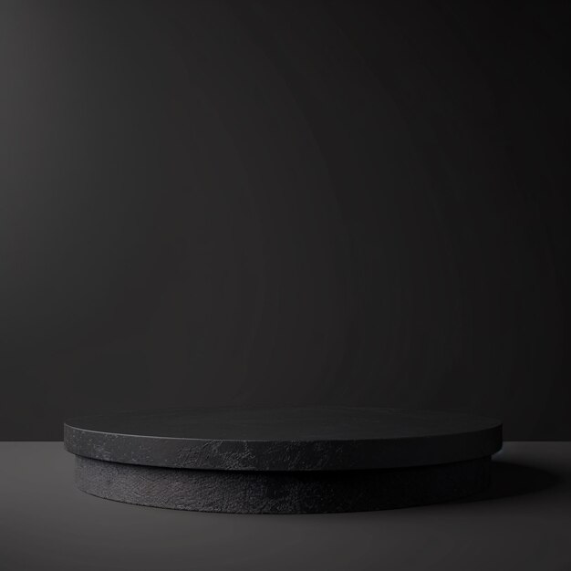 Photo 07231101 41 black circular platform matte finish geometric cube base minimalist design dark background subtle lighting product display monochromatic sleek texture soft shadows professional